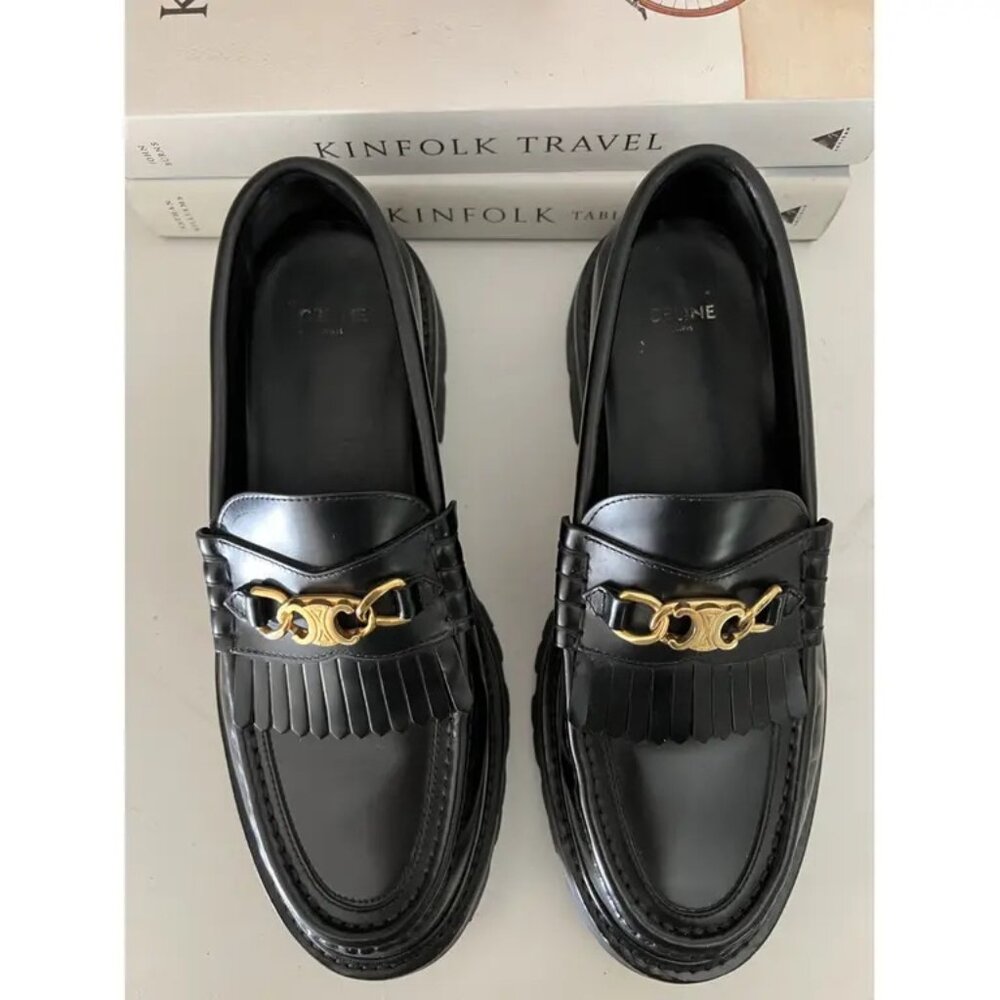 Celine Margaret Loafer Triomphe Chain Black Leather FR 37 US 7